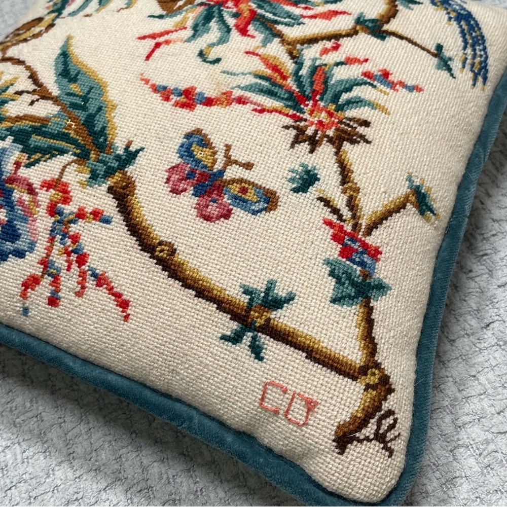 Cottagecore Floral Birds Embroidered Velvet Pillow Decor Tapestry Cream Blue - Picture 5 of 8